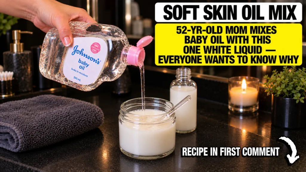 A hand pouring Johnson s baby oil from a clear bottle into a glass jar containing a white liquid with a second bottle an