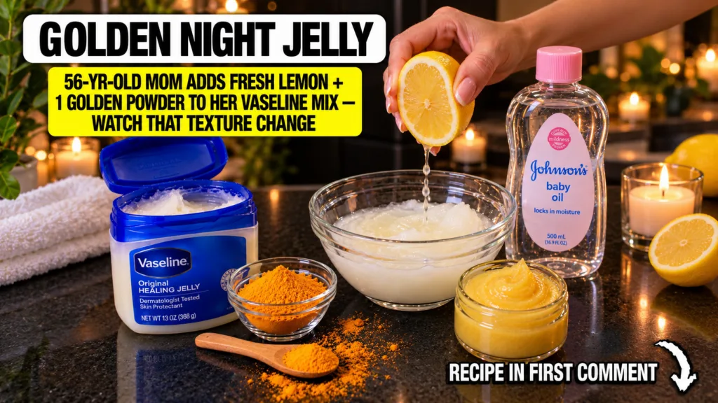 A hand squeezing fresh lemon juice into a bowl of Vaseline and baby oil with turmeric powder in a separate bowl Soft war