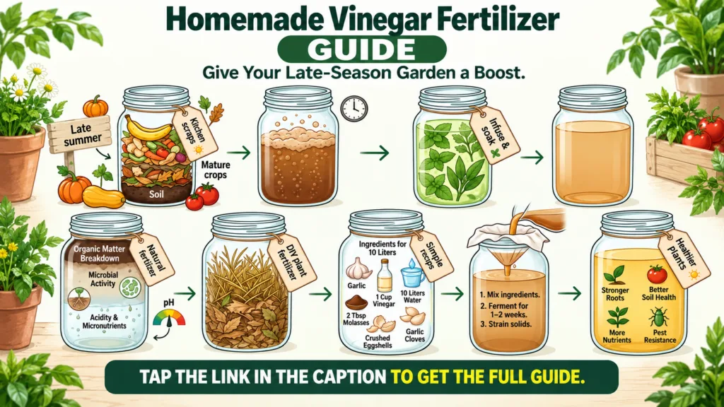 An infographic showing nine steps to make homemade vinegar fertilizer in glass jars with various organic materials