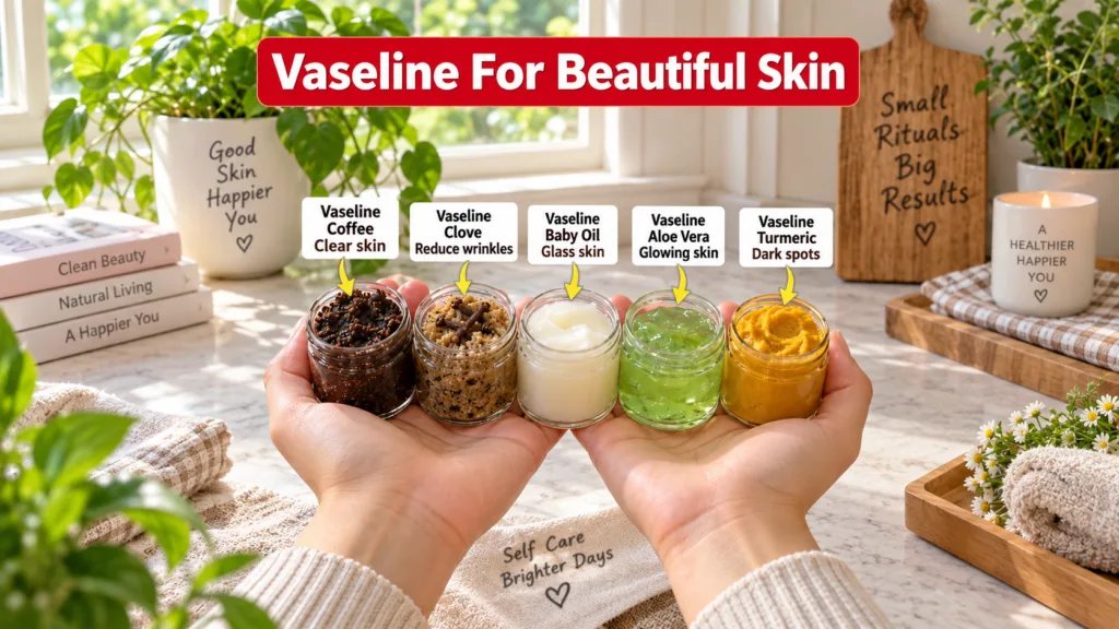 Hands holding five small jars of homemade Vaseline-based beauty remedies coffee scrub clove scrub creamy white concoctio