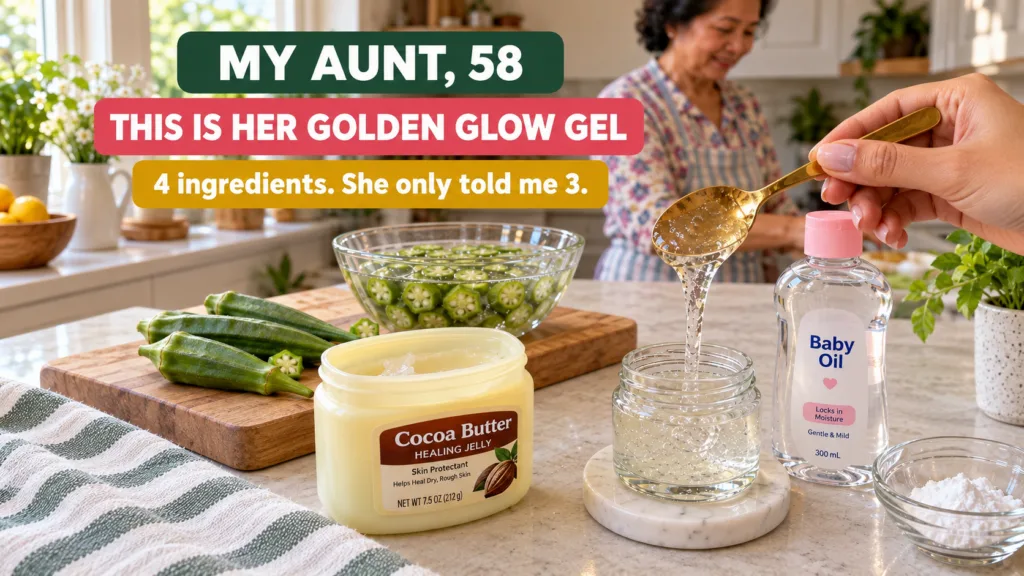 A close-up top-down view of a hand pouring clear gel from a golden spoon into a small glass jar on a white marble coaste