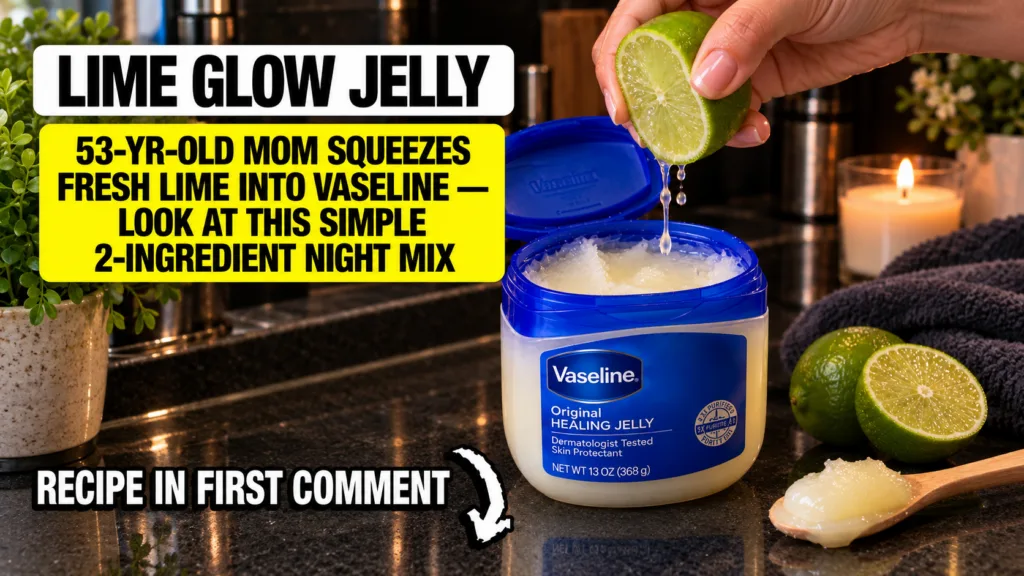 A hand squeezing a half-cut lime allowing its juice to drip into an open tub of Vaseline Original Healing Jelly on a cou