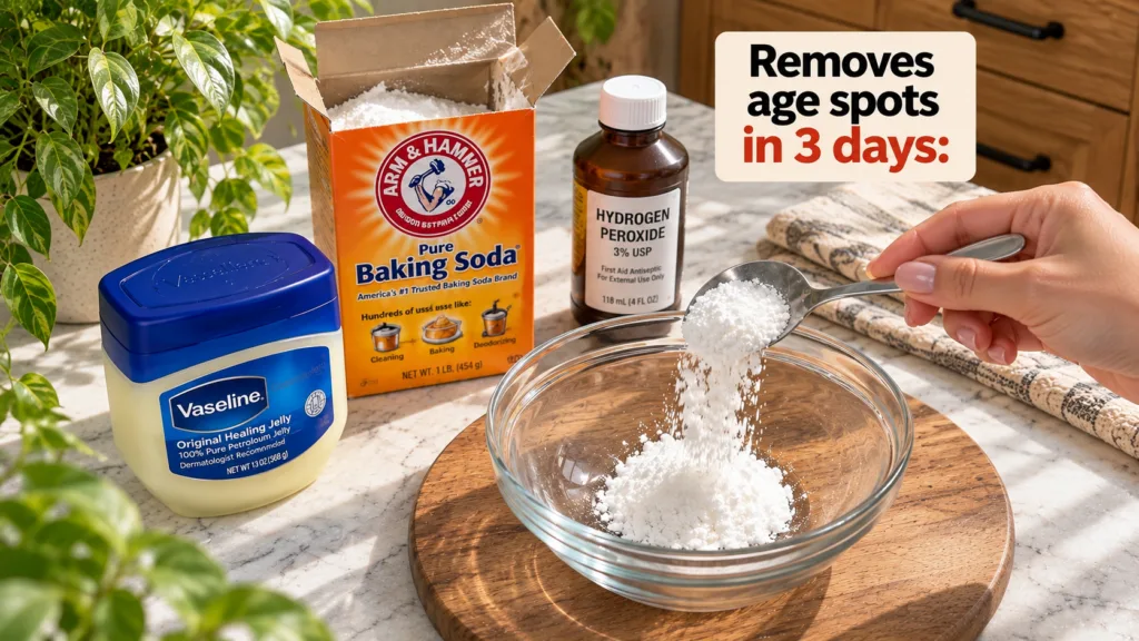 A hand pouring white baking soda into a glass bowl with a box of baking soda Vaseline and hydrogen peroxide nearby on a 