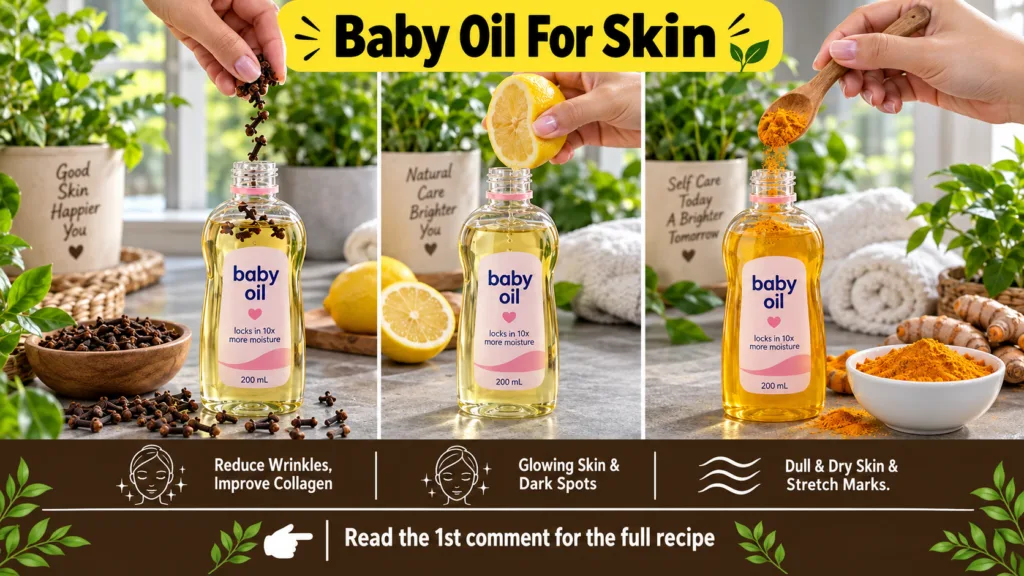 A three-panel collage showing hands adding cloves lemon juice and turmeric powder to baby oil bottles with text overlays