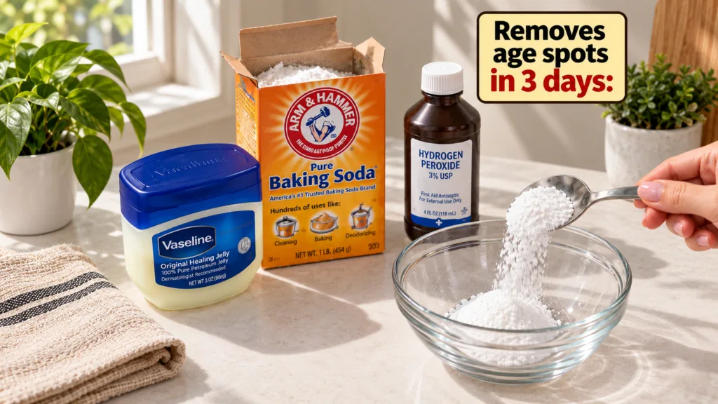 Close-up of a glass bowl with baking soda being poured into it from a spoon alongside a tub of Vaseline and a bottle of