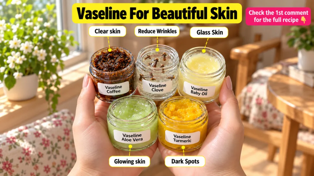 Two hands holding five small clear glass jars each filled with a different Vaseline-based DIY beauty mixture labeled for