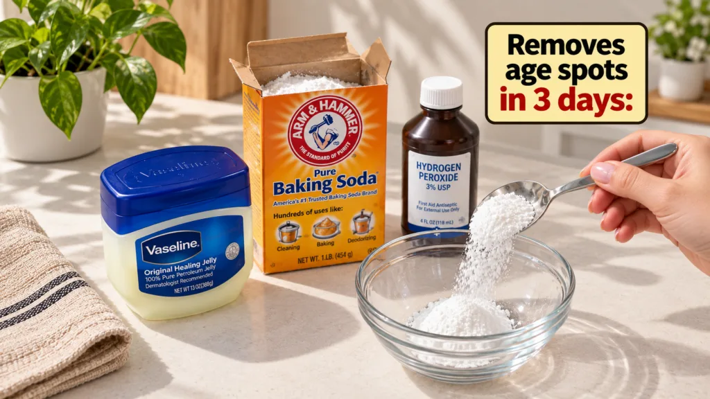 A hand pouring white baking soda powder from a spoon into a clear glass bowl surrounded by Vaseline a box of Arm Hammer 