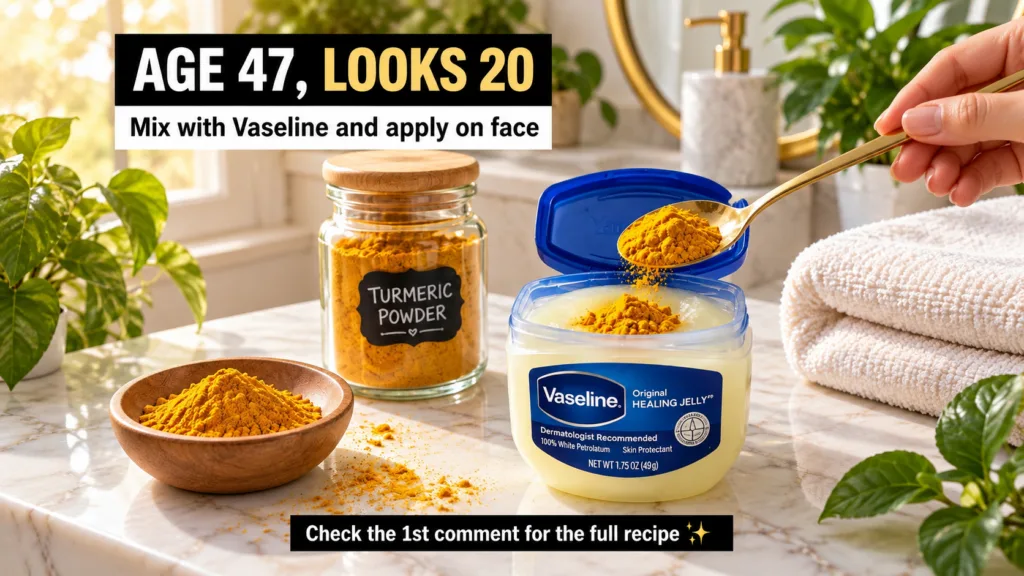 A golden spoon adding turmeric powder into Vaseline jelly on a marble surface with white towels and a small plant in the