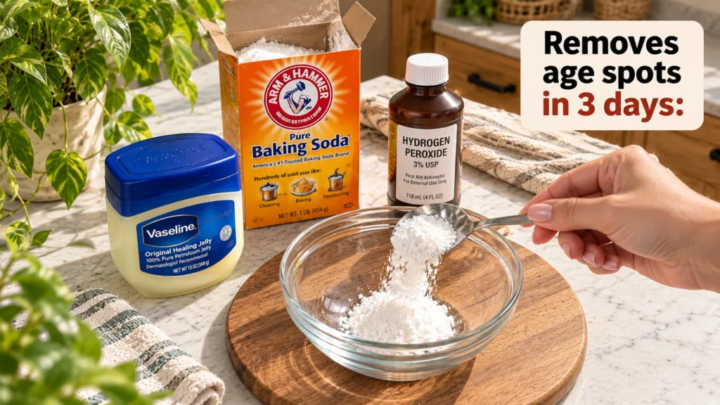 A close-up of a hand pouring white baking soda from a spoon into a clear glass bowl with a box of baking soda Vaseline a