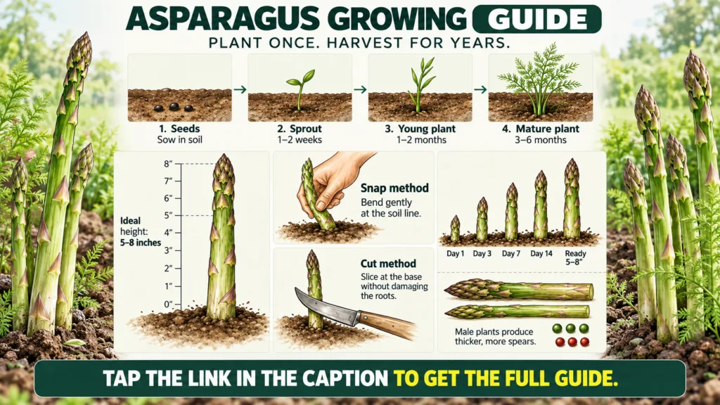 A comprehensive infographic detailing the asparagus growing guide showing plant growth stages from seeds to mature plant