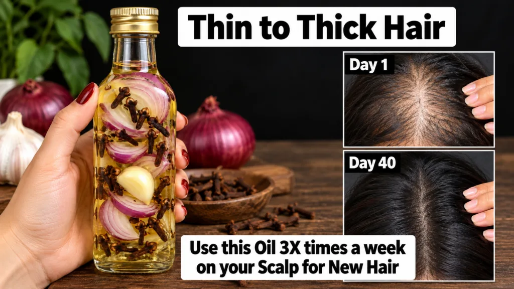 A split-screen showing a glass bottle of homemade onion clove and garlic hair oil on the left and a before and after com