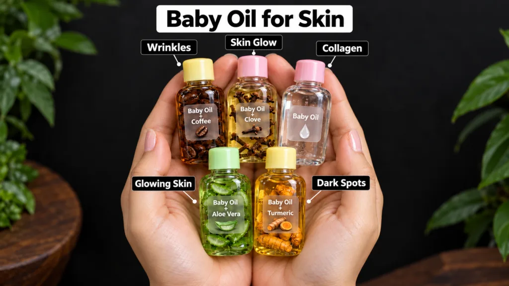 A clear shot of five small transparent baby oil bottles each infused with a different natural ingredient like coffee alo