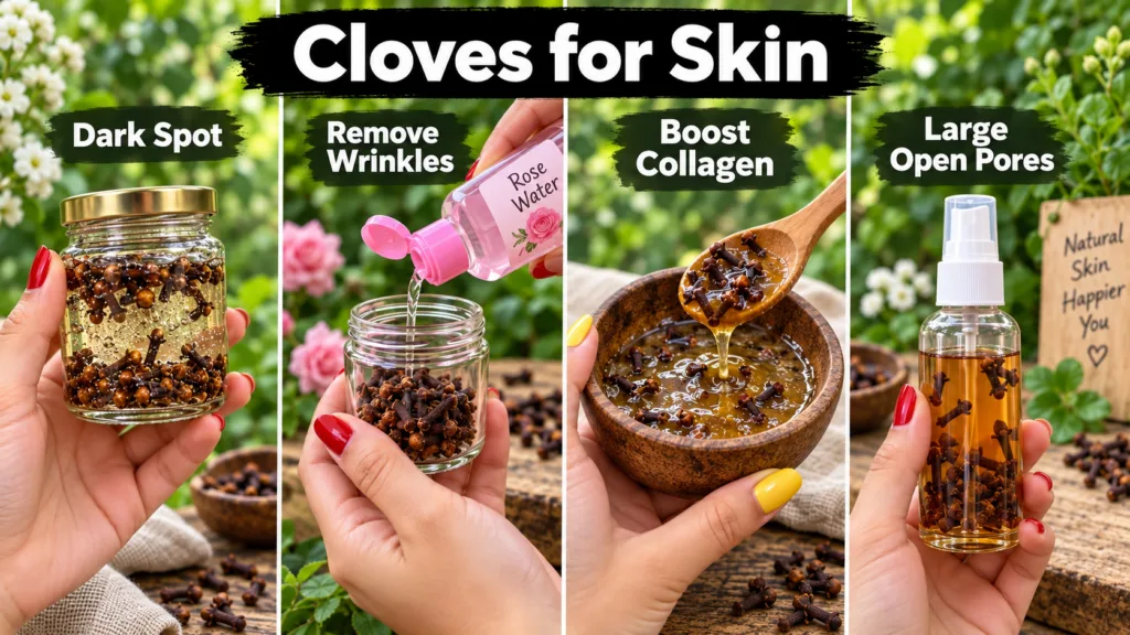 A four-panel collage demonstrating various uses of cloves for skin with hands preparing different clove-based remedies a