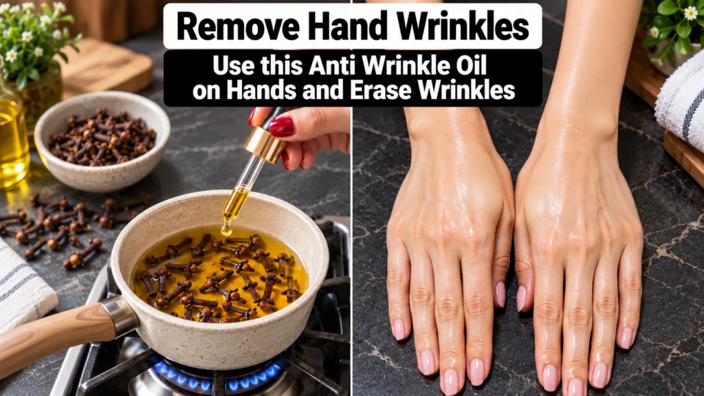 A hand with red nail polish using a dropper to add amber-colored clove-infused oil into a small pot on a lit stove burne
