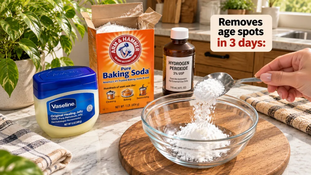 A close-up of a hand pouring white baking soda powder from a spoon into a clear glass bowl with a box of baking soda Vas