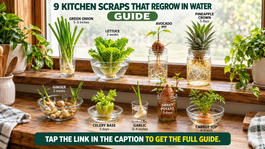 Nine different kitchen scraps regrowing in water on a wooden windowsill including green onions lettuce avocado pineapple