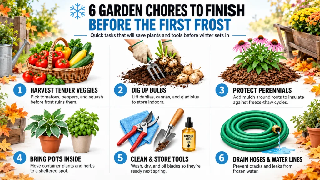 An infographic showing 6 Garden Chores to Finish Before the First Frost It features panels illustrating harvesting veget