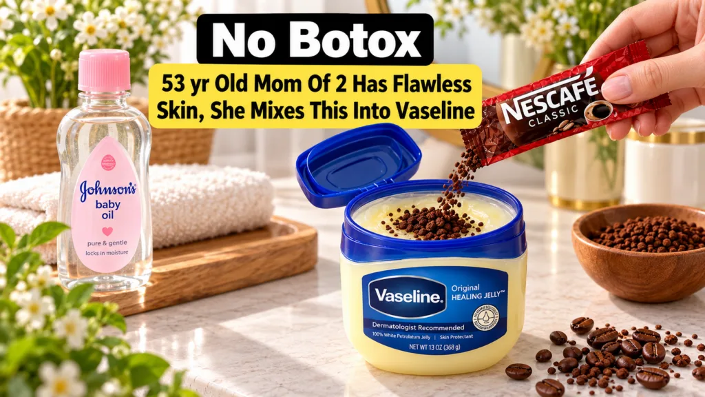 A hand pouring instant coffee granules from a sachet into an open jar of Vaseline petroleum jelly In the background a bo