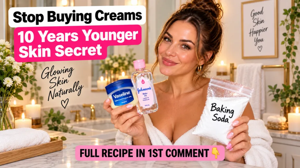 A smiling woman in a white bathrobe holding a jar of Vaseline a bottle of Johnson s Baby Oil and a bag of Baking Soda Sh