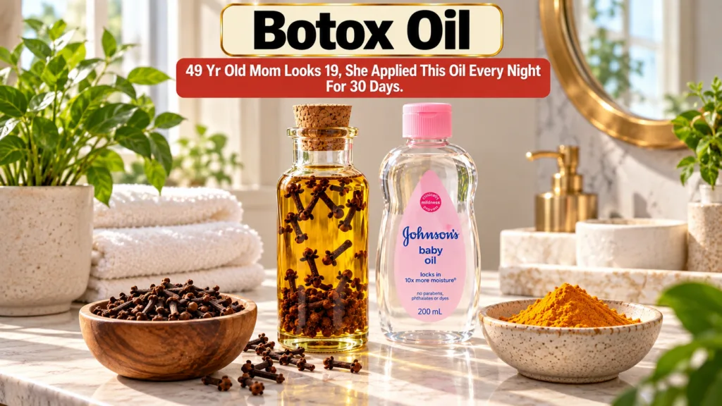 A home remedy setup with bottles of oil and whole cloves a clear bottle of baby oil bowls of loose cloves and turmeric p
