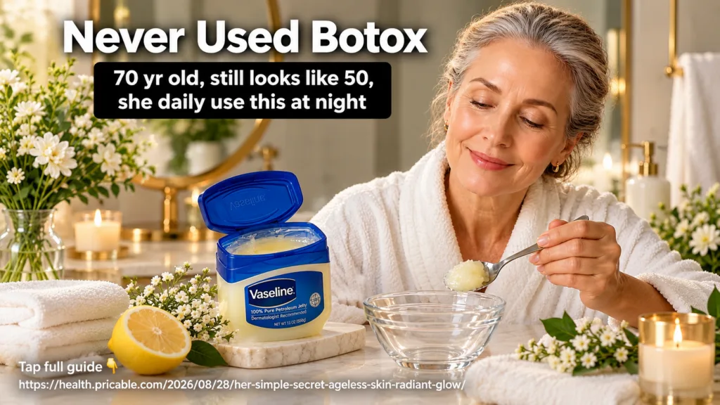 A serene smiling older woman in a white robe gently looking at a spoon holding Vaseline An open jar of Vaseline is promi