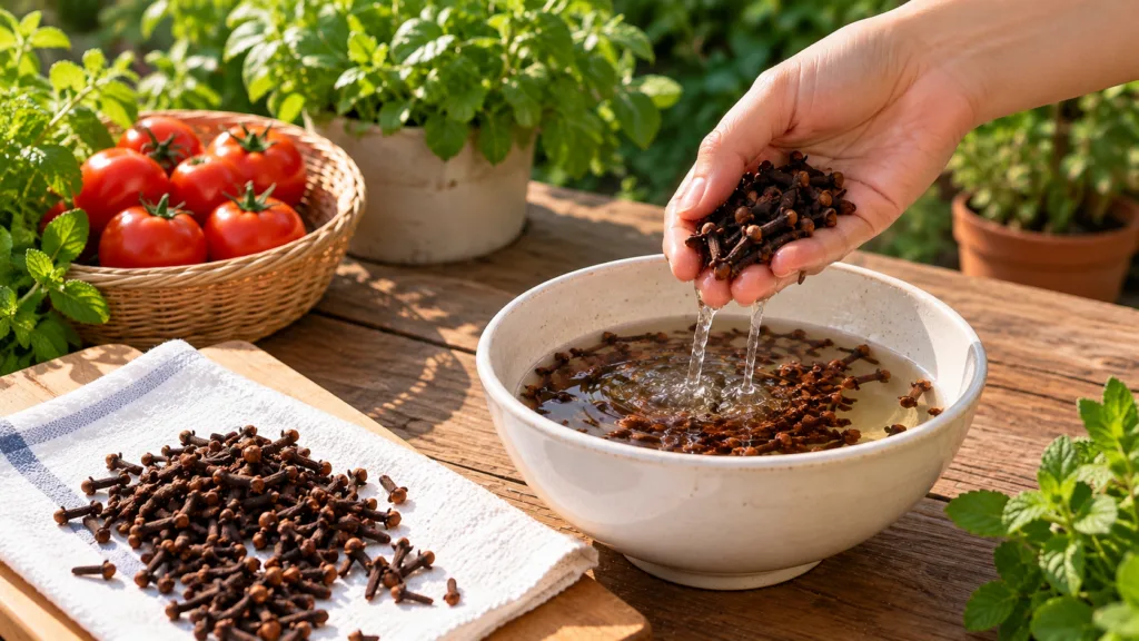 A hand gently holding a handful of cloves over a white ceramic bowl filled with water with dry cloves on a paper towel a