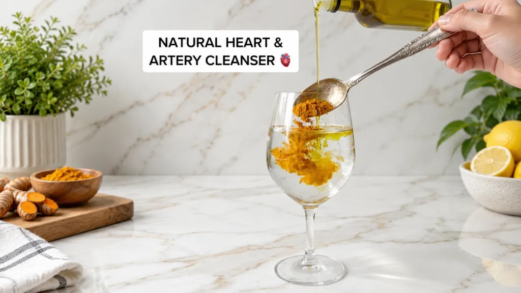 A wine glass filled with water and a layer of olive oil with turmeric powder being gently added and diffusing and olive 