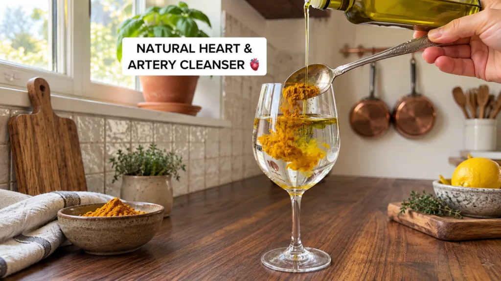 A close-up of a wine glass on a wooden counter filled with water and a layer of olive oil Turmeric powder is being spoon