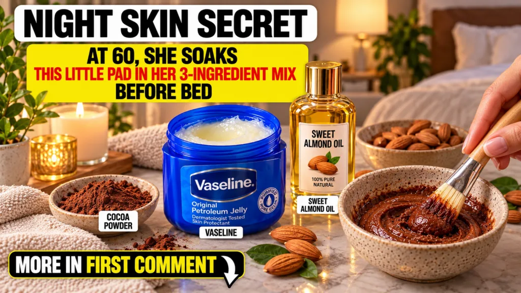 A flat lay of ingredients for a homemade skincare mask including Vaseline sweet almond oil cocoa powder and a bowl of th