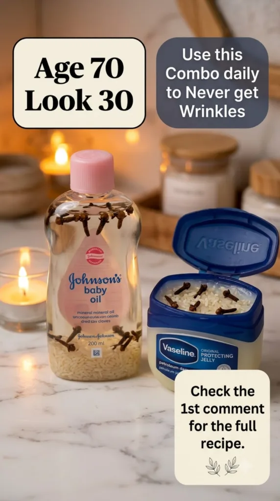 A Johnson s baby oil bottle and an open Vaseline jar both infused with cloves and rice presented as a DIY anti-aging rem
