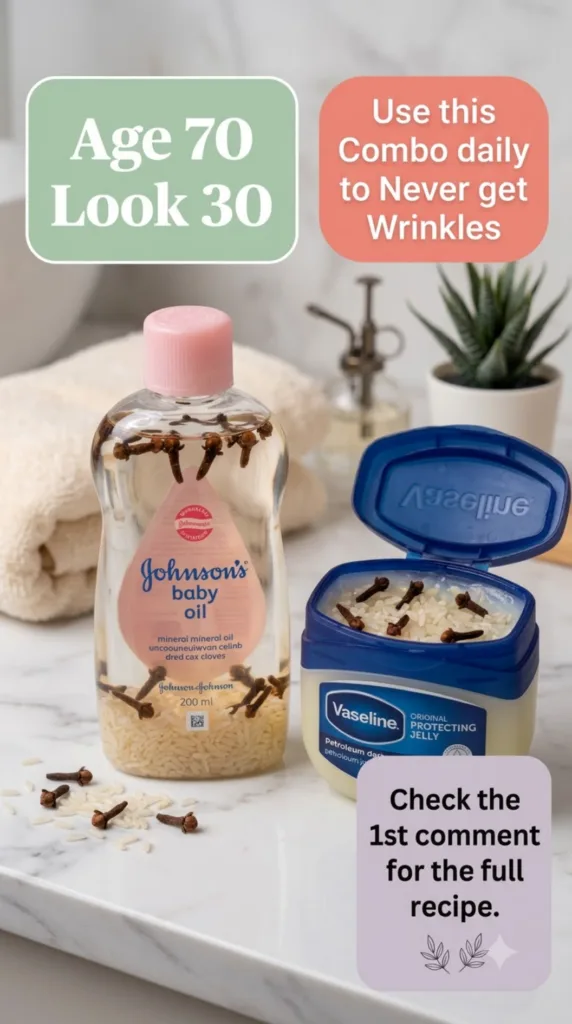 A Johnson s baby oil bottle filled with rice grains and cloves next to an open tub of Vaseline also containing rice and