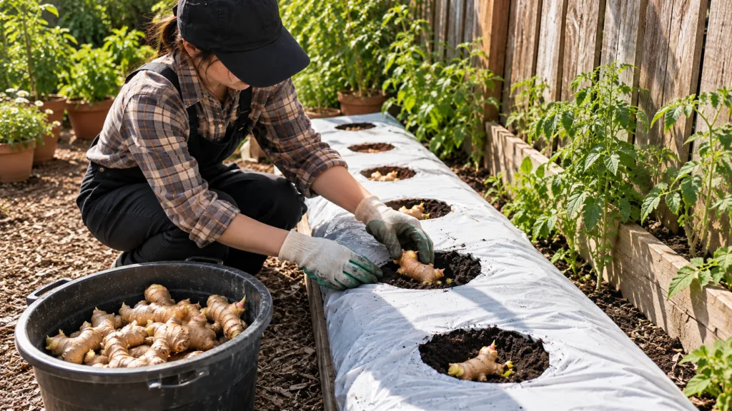 A person wearing gloves and a cap carefully plants ginger roots into prepared soil beds covered with white plastic sheet