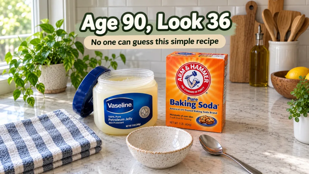 A jar of Vaseline a box of Arm Hammer Baking Soda an empty speckled ceramic bowl and a metal spoon on a clean kitchen co