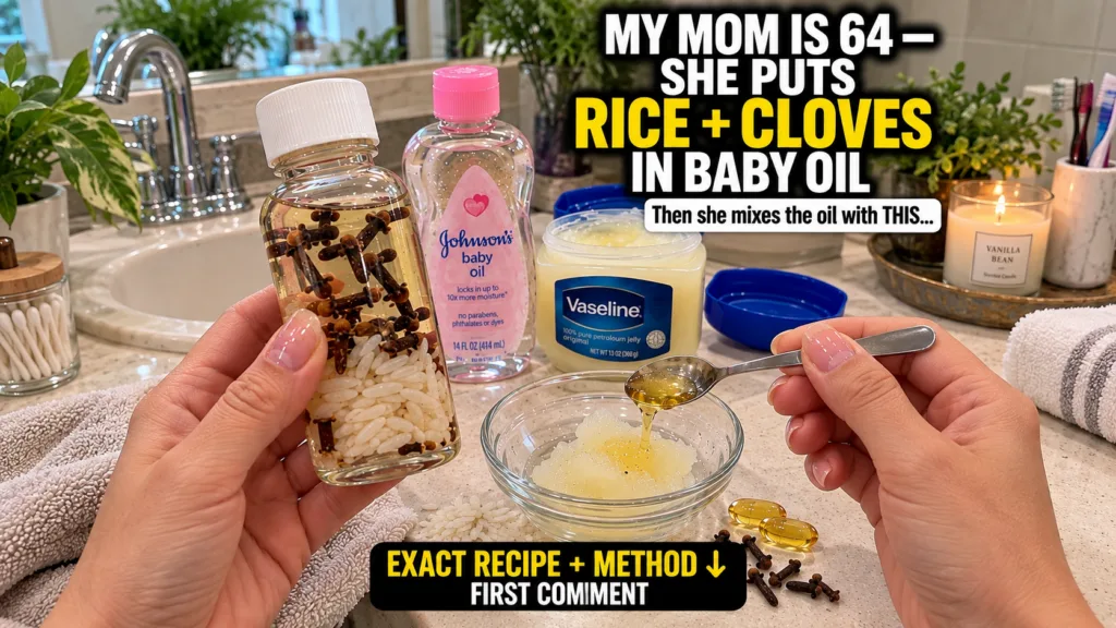 A clear glass bottle filled with baby oil whole rice grains and dried cloves sitting on a wooden surface with a few loos