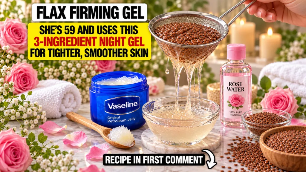 A flat lay image showing the preparation of flax firming gel with a strainer holding flax seeds from which clear viscous