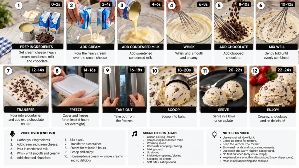 A 12-step infographic grid showing the process of making vegan chocolate chip ice cream from ingredients like full-fat c