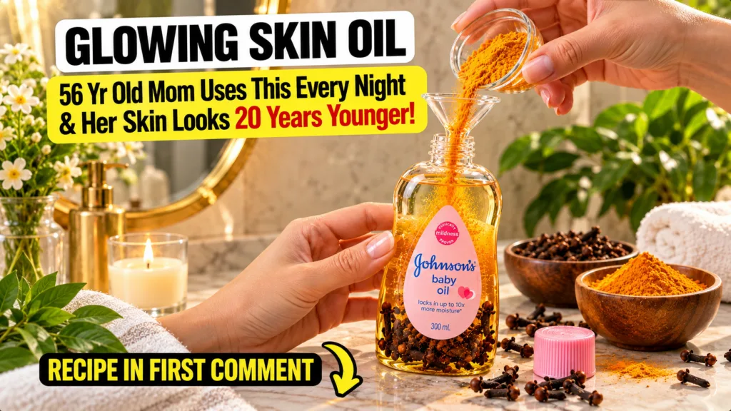Hands pouring turmeric powder through a funnel into a bottle of Johnson s baby oil which already contains cloves at the 