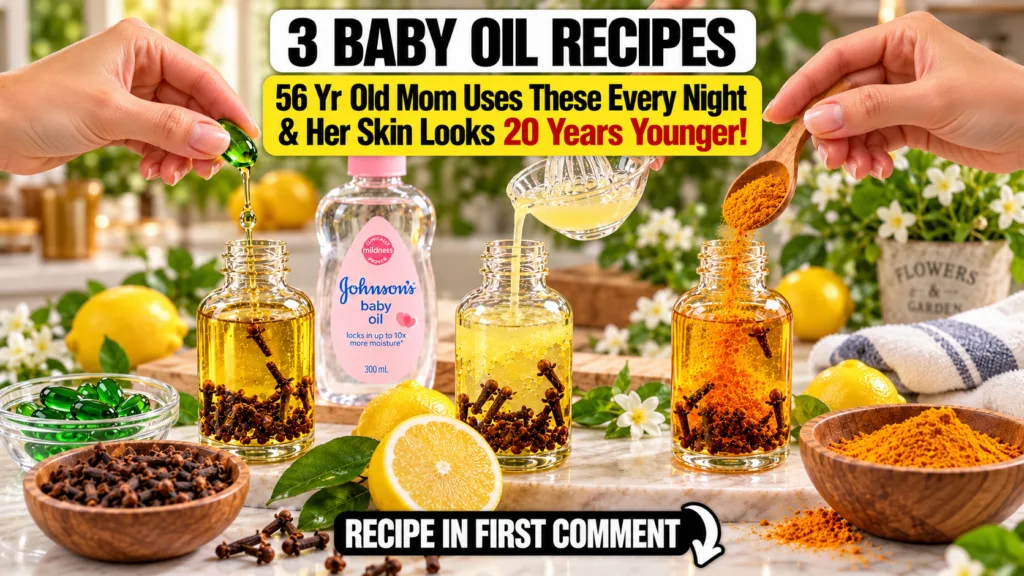 Ingredients for homemade baby oil skin remedies clear bottles with baby oil and cloves fresh lemons bowls of turmeric an