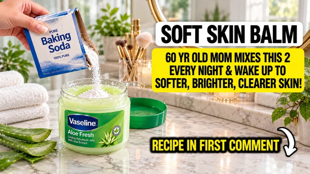 A close-up of a hand pouring baking soda from its box into a jar of aloe vera-infused petroleum jelly with cut aloe vera