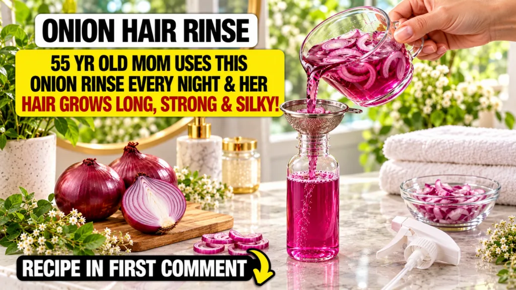 A hand pouring a vibrant reddish-purple liquid containing onion slices through a strainer into a clear bottle on a light