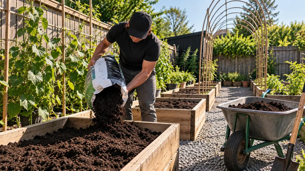 A man pouring fresh soil from a large bag into a raised garden bed Other raised beds a gravel path and green foliage are