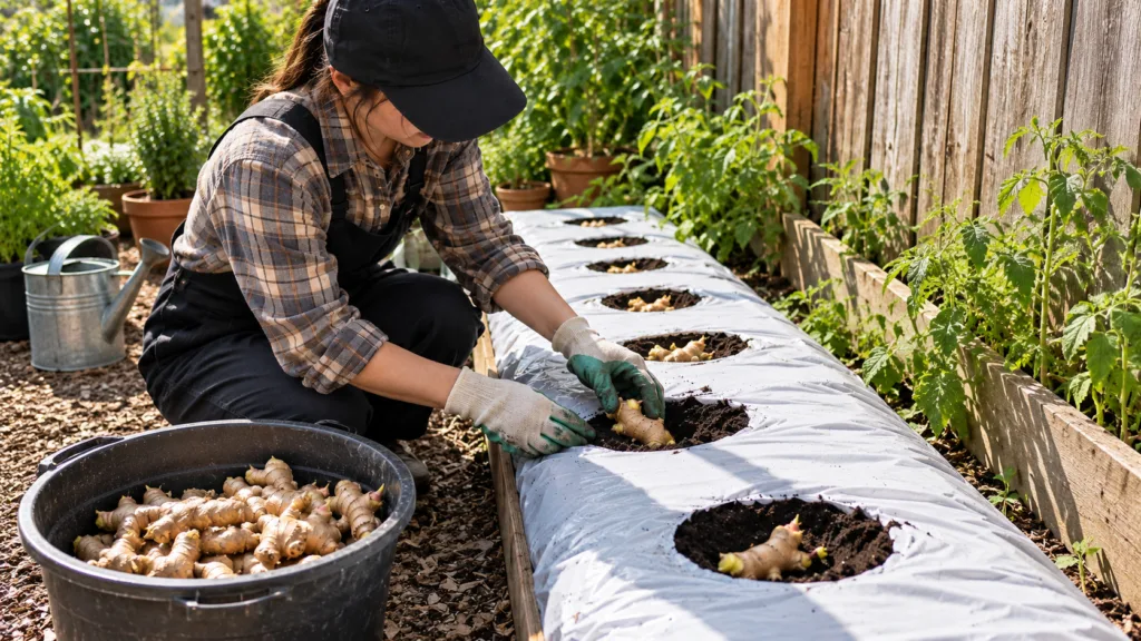 A person in gardening gloves carefully planting ginger rhizomes into a garden bed covered with white plastic sheeting A 