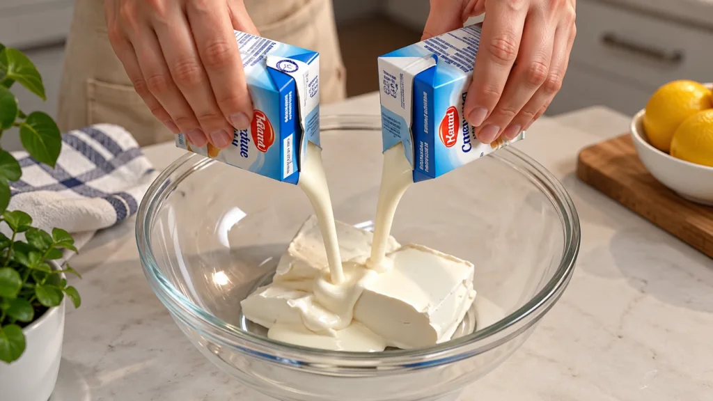 Two hands pouring creamy plant-based milk into a clear glass bowl containing blocks of vegan cream cheese viewed from ab