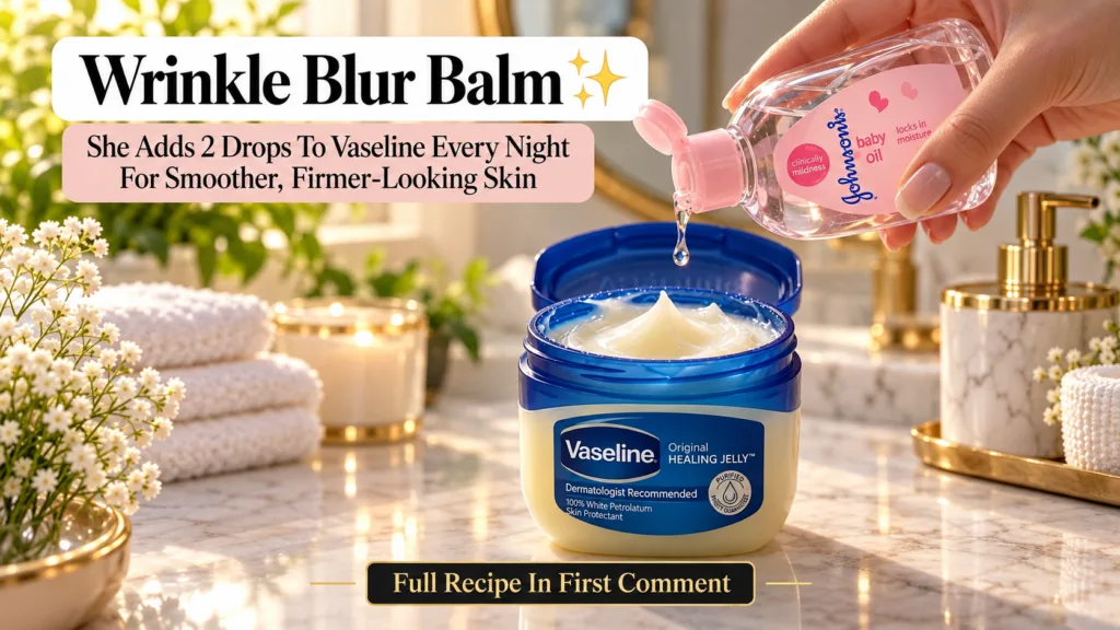 A hand holding a bottle of Johnson s Baby Oil dripping a single clear drop into an open jar of Vaseline Original Healing