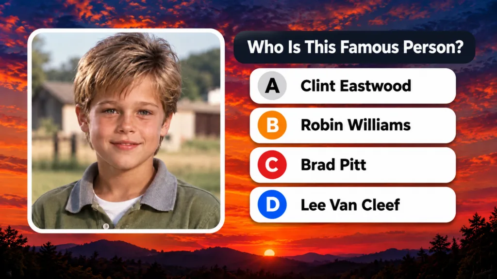 A quiz image featuring a childhood photo of Clint Eastwood asking Who Is This Famous Person with multiple-choice options