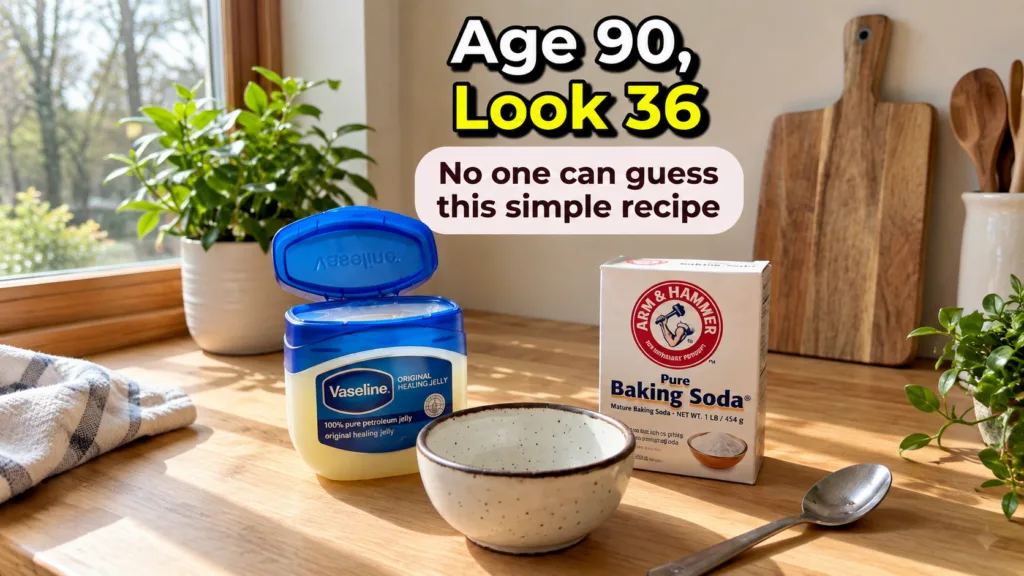 A close-up shot of an open tub of Vaseline a box of Arm Hammer Pure Baking Soda an empty speckled ceramic bowl and a spo