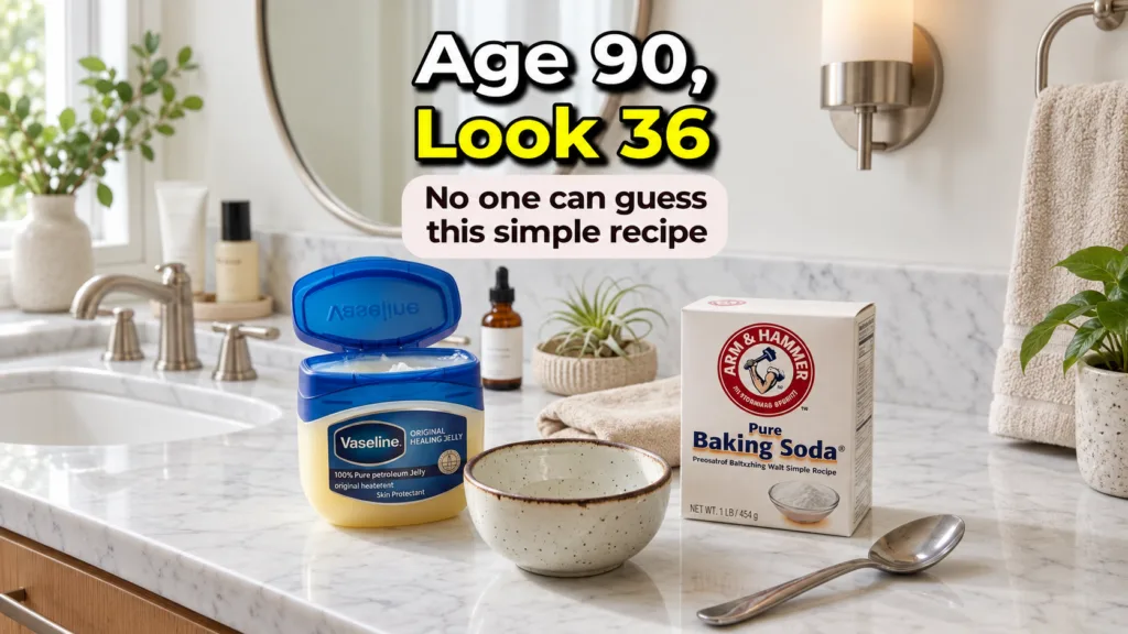 A flat lay of DIY skincare ingredients on a white marble countertop featuring an open jar of Vaseline a box of Arm Hamme