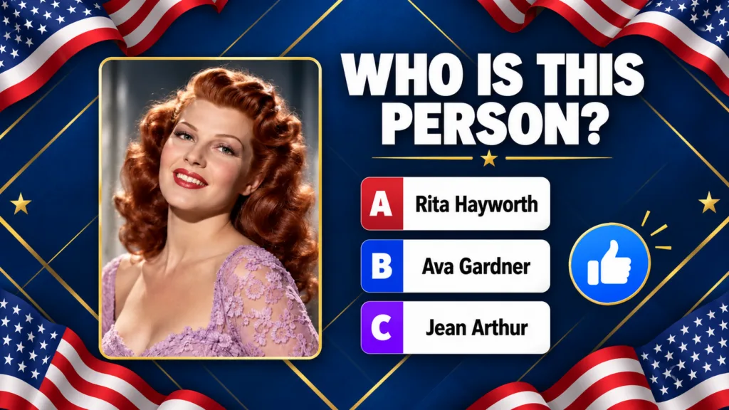 A quiz image featuring a vibrant portrait of Rita Hayworth on the left with multiple-choice options A B C on the right T