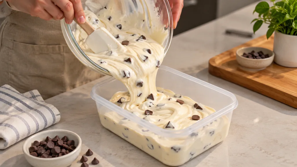 Thick creamy chocolate chip cookie dough being poured from a glass bowl into a clear rectangular container highlighting 