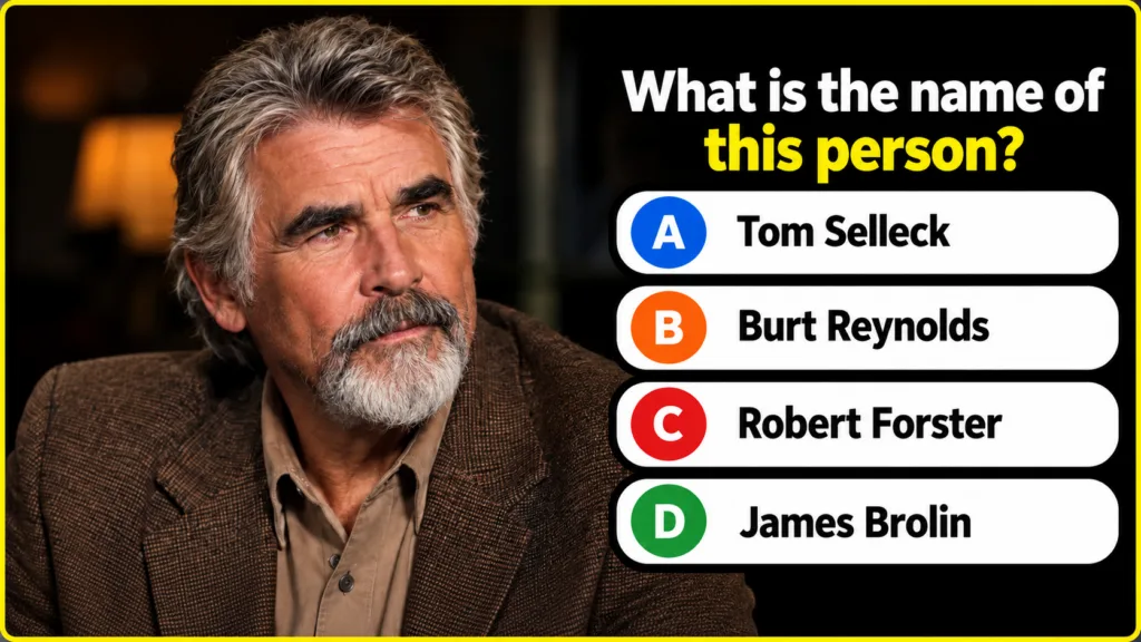 A quiz image showing a portrait of Tom Selleck with the question What is the name of this person and four multiple-choic